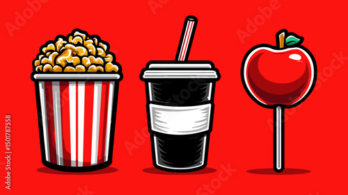 Cartoon popcorn in striped bucket, soda cup with straw, and candied apple on a stick against red background