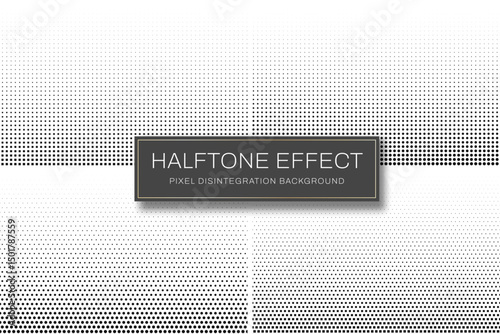 Pixel disintegration background. Halftone effect with small dots and particles. Pixel disintegration effect. Dispersed dotted pattern, decay effect. Vector