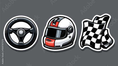 Illustration depicts black steering wheel, white and red helmet, and a checkered flag on a gray background