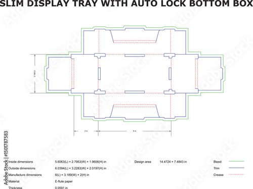 Detailed blueprint of a slim display tray with auto lock bottom for packaging.