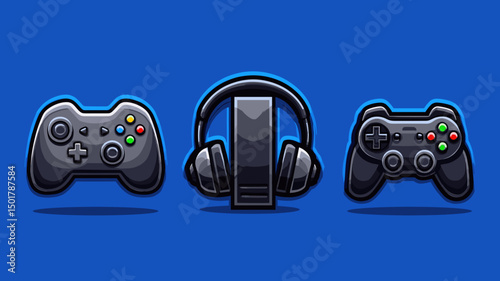 Game controller and headphones collection on blue background representing video game culture and entertainment