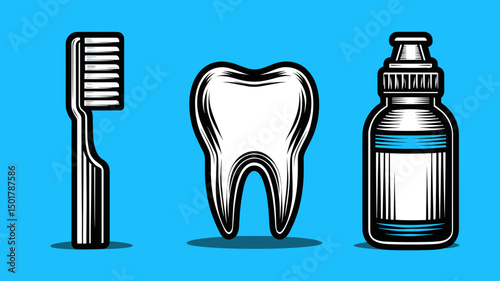 Dental health graphic featuring a single tooth, toothbrush, and mouthwash bottle on a light blue background