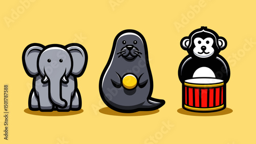 Cartoon animal band featuring an elephant, seal holding a ball, and a monkey drumming on a yellow background