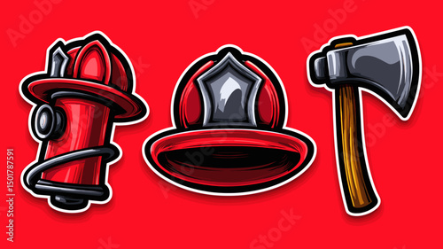 Red firefighter hat, helmet, and axe equipment tools for emergency response and fire safety on a red background
