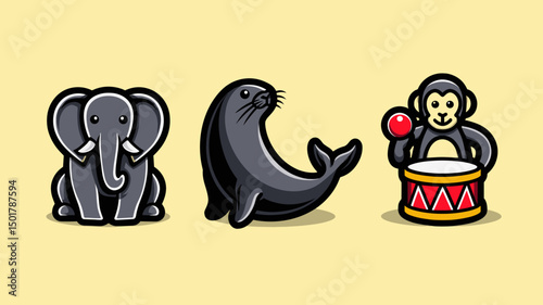 Cartoon elephant, seal, and monkey circus animals performing with a drum on a plain background in a cute illustration