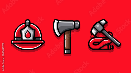 Firefighting equipment featuring helmet, axe, and pickaxe symbols displayed on bright red background