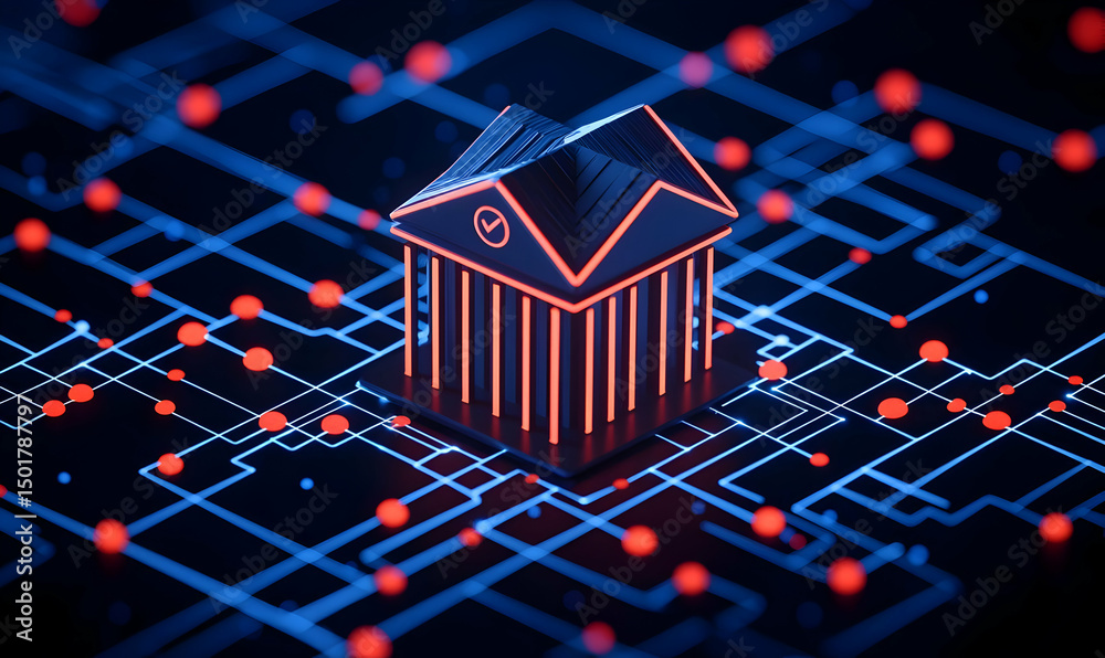 Fototapeta premium Digital Bank Concept with Neon Elements on Circuit Board Background