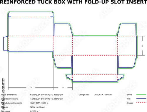Detailed diagram of a reinforced tuck box with a fold-up slot insert packaging design