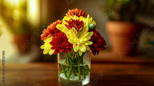 Wallpaper Mural Freshly cut red and yellow krisan flowers in a clear glass vase, ideal for themes of celebration, warmth, and natural beauty Torontodigital.ca
