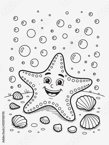 Smiling Starfish with Tiny Seashells and Bubbles Coloring Page