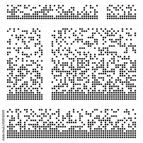 Pixel disintegration background. Halftone effect with small squares and particles. Collection of pixel disintegration effects. Dispersed dotted pattern, decay effect. Vector