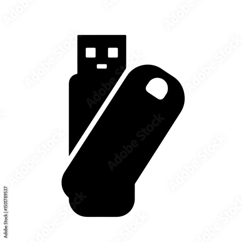 A black illustration of a USB flash drive, showing the storage device with its cap open.