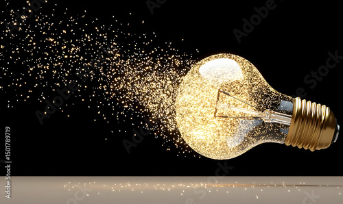 Sparkling Light Bulb with Glitter Particles on Black Background