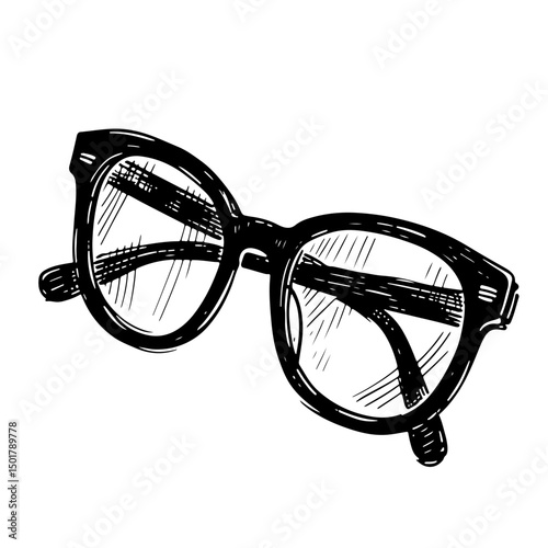 A hand-drawn illustration of round eyeglasses in black ink.