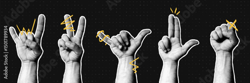 Halftone hands collection. Halftone hands show different gestures, rock, peace, and shaka signs. Stylish halftone collage design elements. Hand gestures in pop art style. Vector