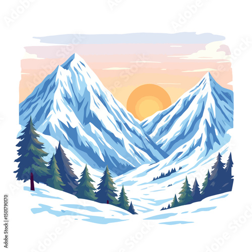 Vsai snowy mountains reflecting golden sunset light at dusk