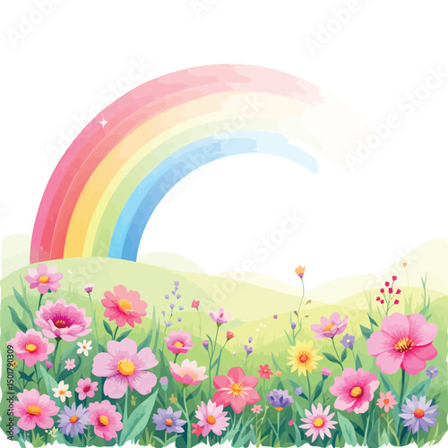 Vsai bright rainbow appearing over rolling hills covered with colorful flowers