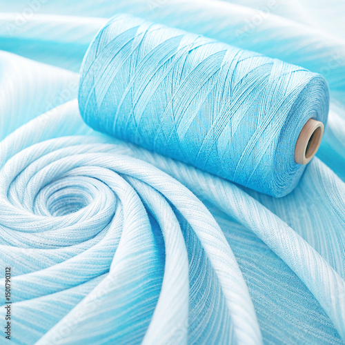 Bright thread A high-resolution image of a spool of light blue thread on a soft, textured fabric of the same color, swirling against a flowing fabric background of light blue thread.