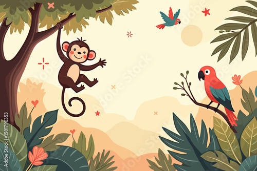 Playful monkey swinging in the jungle with a parrot and tropical plants illustration