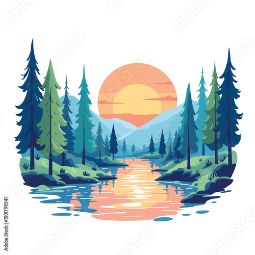 Vsai coniferous forest reflecting on lake at sunset with mountains