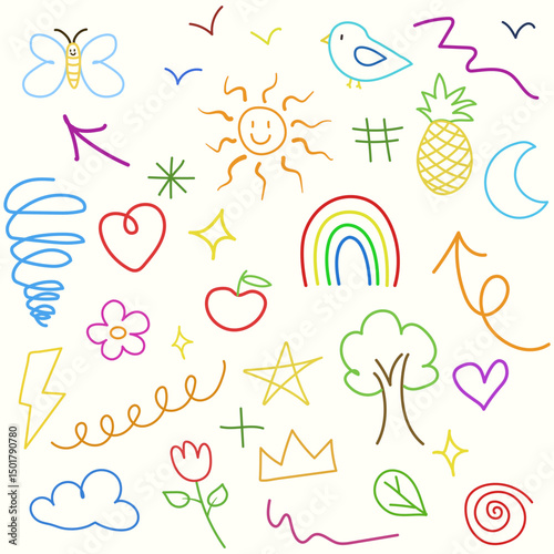 Kid crayon set of colorful hand drawn elements. Heart, sun, star, bird, pineapple, flowers, arrows, rainbow, moon, butterfly, cloud, tree, crown, lines, lightning. Children's drawing. Doodle