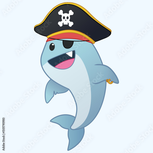 cute illustration of a pirate shark, funny and happy shark, pirate captain shark vector