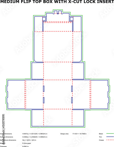 Medium flip top box packaging design template xcut lock insert