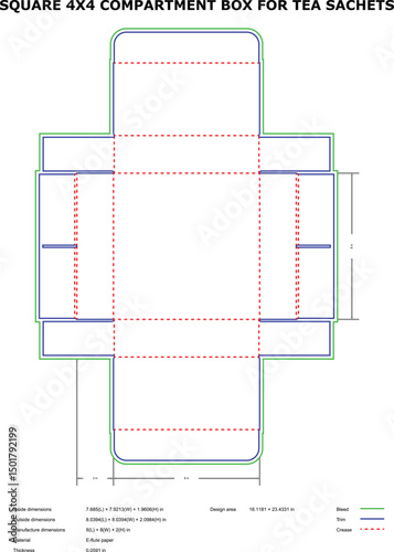 Square 4x4 compartment box template tea sachets packaging design