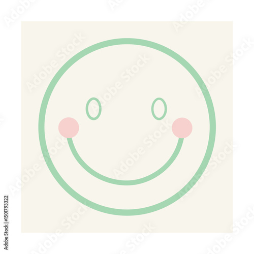 Pastel green smiley face illustration with pink cheeks in a simple and friendly design