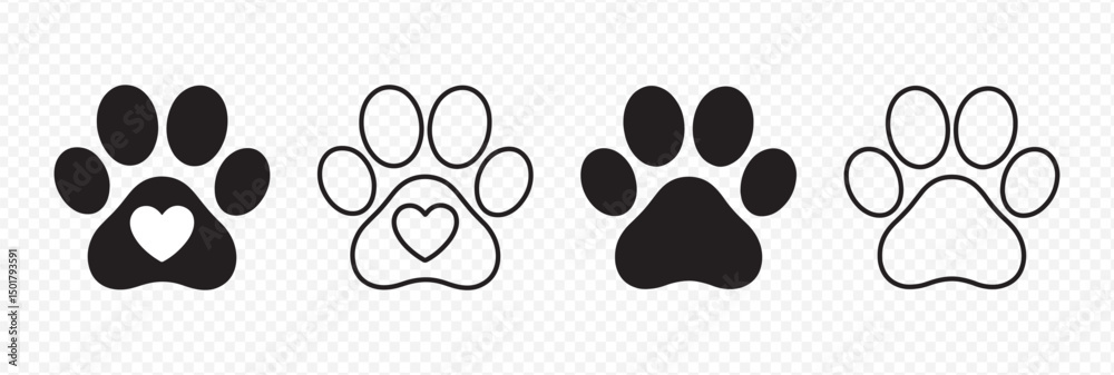 Fototapeta premium Set of 4 Paw Print Designs Featuring Heart-Shaped and Standard Footprint Icons for Pet-Themed Graphics, Logos, and Decorations