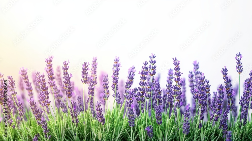 Naklejka premium Beautiful Lavender Field in Bloom Against a Soft White Background