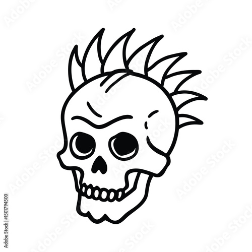 hand drawn skull head with punk hair doodle