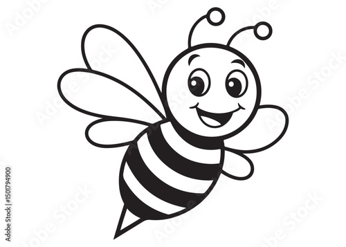 Cute Happy Cartoon Bee Illustration Black and White Line Art
