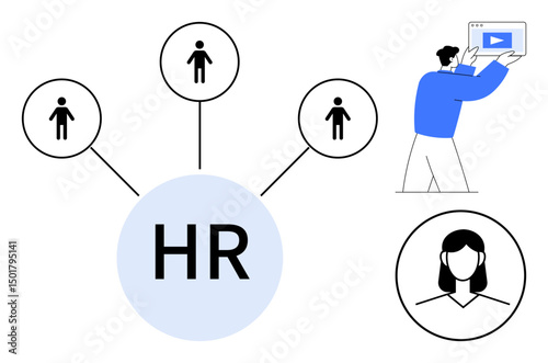 HR hub connected to three icons representing employees, man with video player symbolizing digital tools, and female avatar. Ideal for HR software, recruitment, teamwork, staff training, workforce