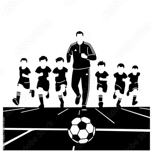 A soccer coach leads a group of young players running towards a ball.