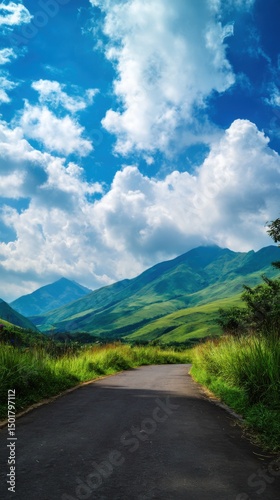 Scenic Road Leading to Green Mountains Under a Cloudy Blue Sky Vertical Shot Landscape