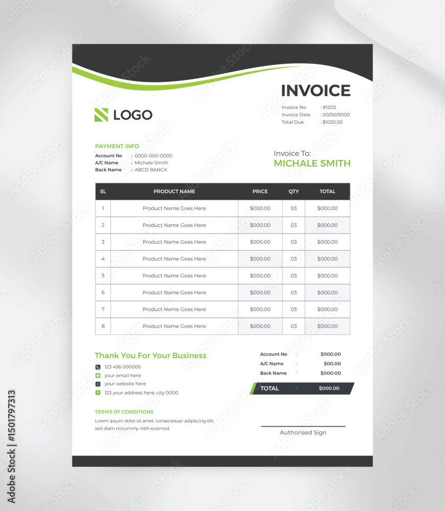 Fototapeta premium Minimal Business Invoice Template Clean & Professional Layout