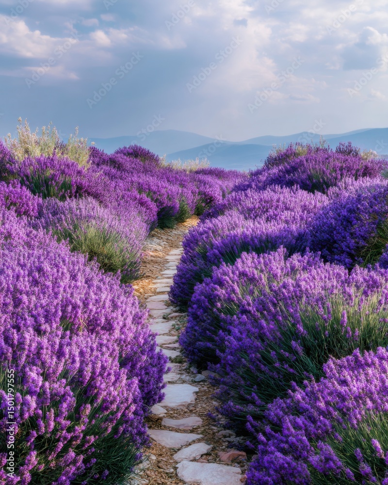 Obraz premium Lavender field path leading to distant mountains in Provence France scenic landscape view