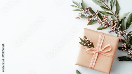 Gift box decorated with flowers and ribbon on a white surface for celebrations.
