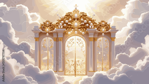 Majestic golden gate with pearls and ornate design surrounded by fluffy clouds
