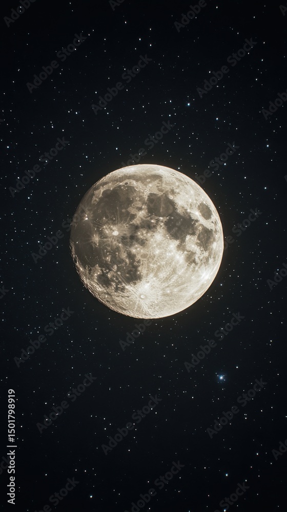 Full Moon Rising in Night Sky with Stars Detailed Surface Lunar Landscape Celestial View Astronomy Space Exploration Full Moon Rising in Night Sky with Stars Detailed Surface Lunar Landscape Celestial View Astronomy Space Exploration