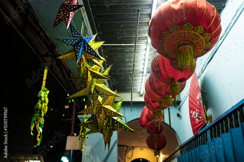 Chinese lanterns and stars in Chinatown Kuala Lumpur photo
