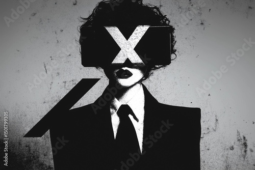 Abstract cultural re-evaluation: classic geisha image overlaid with dramatic, edgy black and white lighting patterns and sharp, modern graphic lines in monochrome. photo