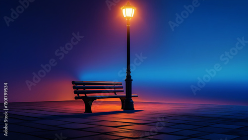 Solitary Bench under a Glowing Streetlight Embracing Serenity in the Quiet of Night with Shimmering Reflections