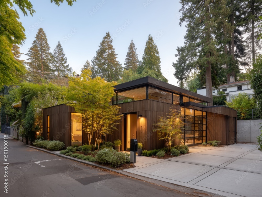 Obraz premium Modern house exterior at dusk showing architecture and design in a residential neighborhood with trees and landscaping from street level
