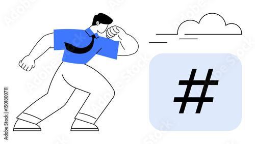 Man in formal attire appearing to sprint, paired with a metadata tag icon and cloud. Ideal for social media, branding, marketing, communication, trends, networking, simple landing page
