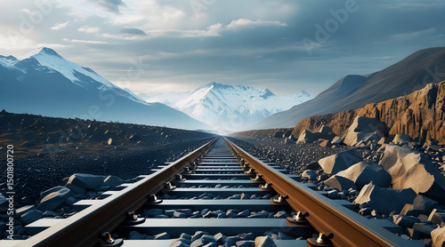 Railroad Tracks Stretching into the Distance under a Cloudy Sky with Mountains in the Background on a Sunny Day