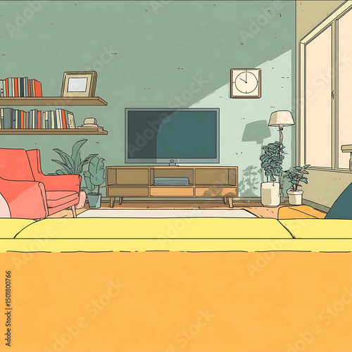 Minimalist style illustration of a living room scene Central focus is a television set Camera perspective is from behind a sofa directly facing the TV as if