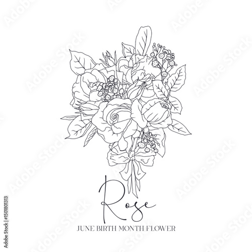 Hand drawn line art retro palette roses bouquet with text june month birth flower. Vintage romantic floral vector illustration isolated on white background