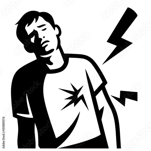 A man experiencing sharp chest pain, illustrated in a stark black and white style.